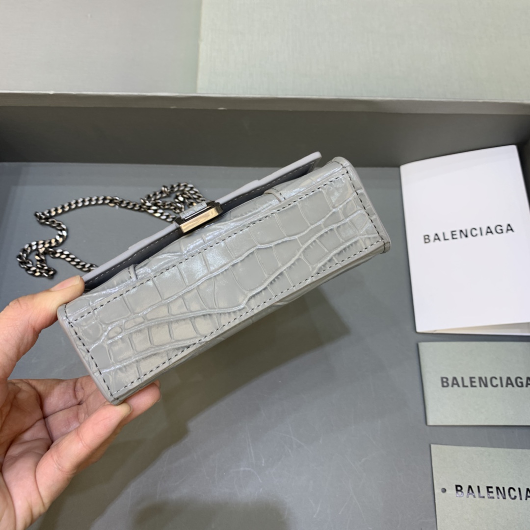 Balenciaga Hourglass Mini Handbag With Chain Crocodile Embossed Shoulder Bag Gray